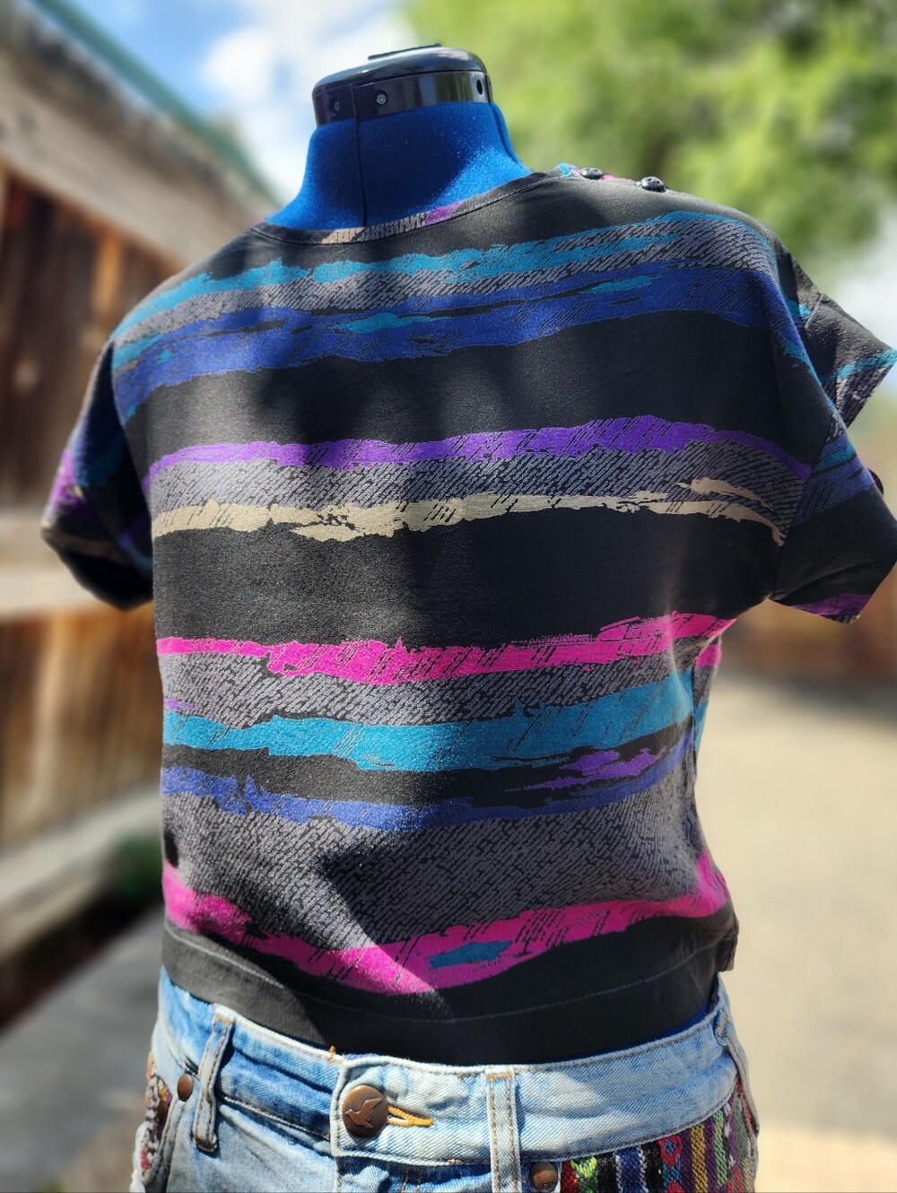 Clockwork Vintage 80s Abstract Print Cropped Top Black Multicolor Small
